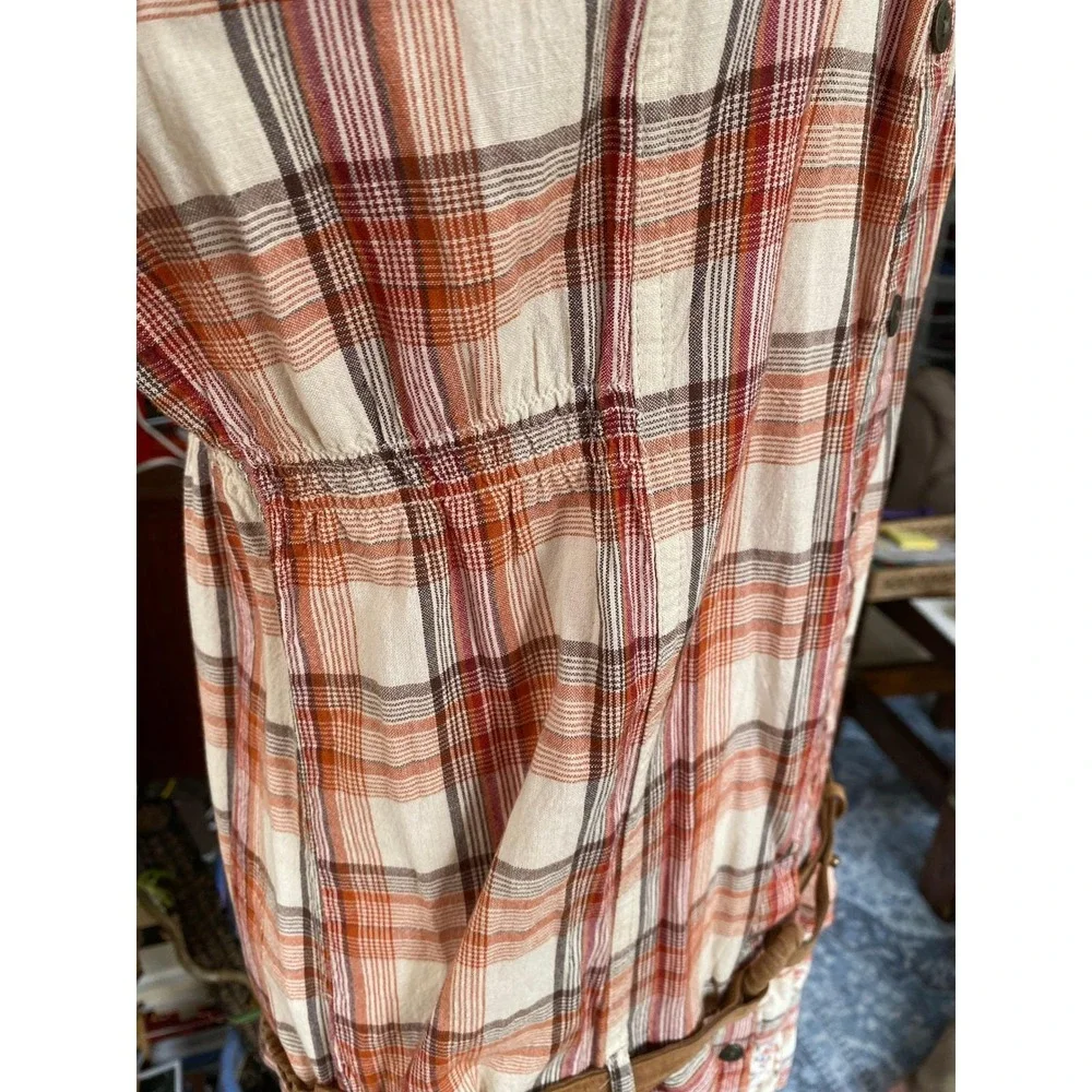 Y2K Plaid Floral Ruffle Belt Orange Mini Dress Cotton‎ Large Western Fem Cowgirl